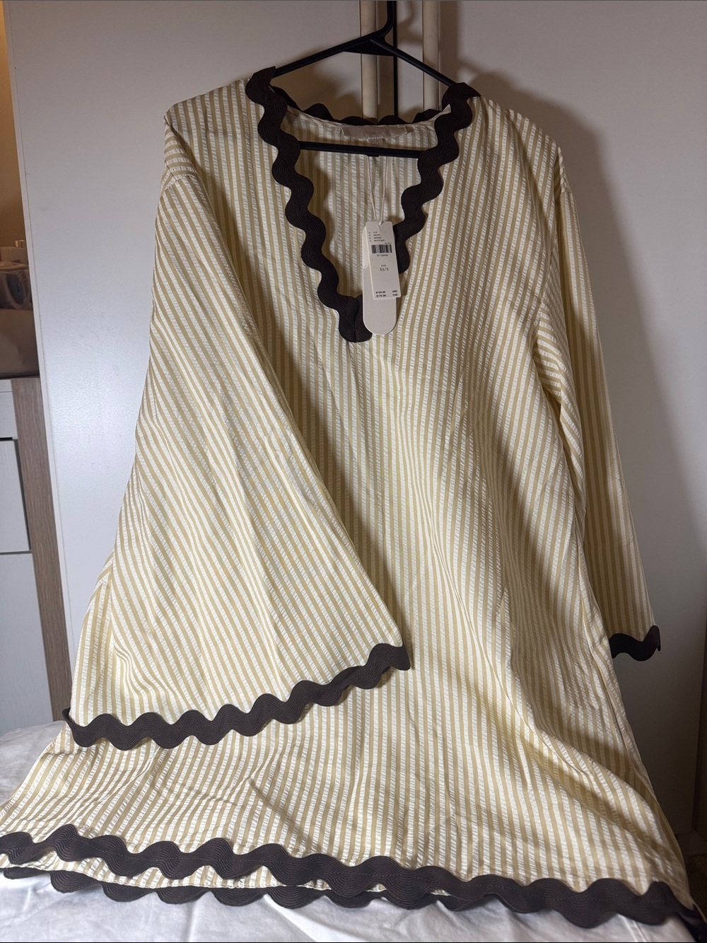 Anthropologie Cream and White Striped Swim Coverup with Brown Scalloped Trim